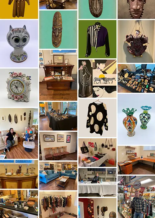 A collage of photos of items available at past estate sales: fine art, jewelry, clothing, and more.